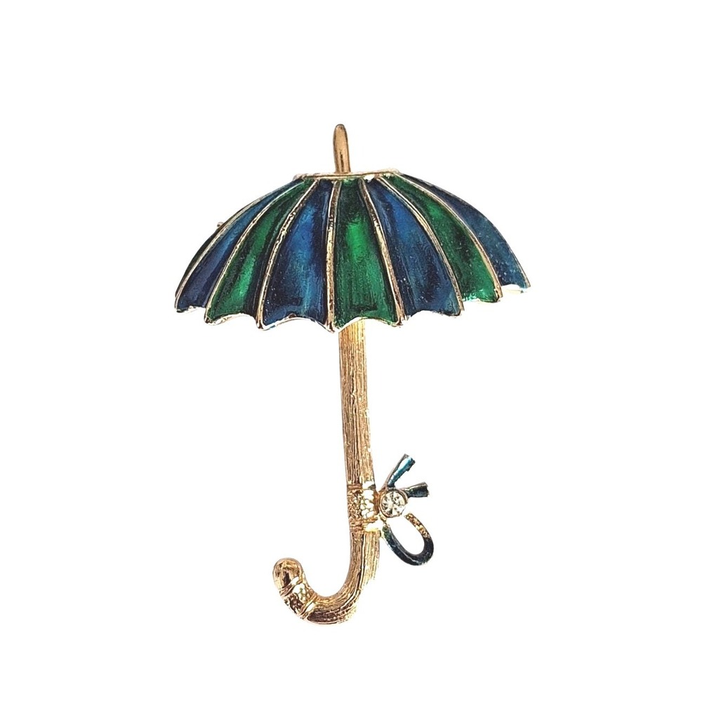 Vintage Gold Tone Blue Green Enamel Umbrella Brooch Pin with Rhinestone Bow